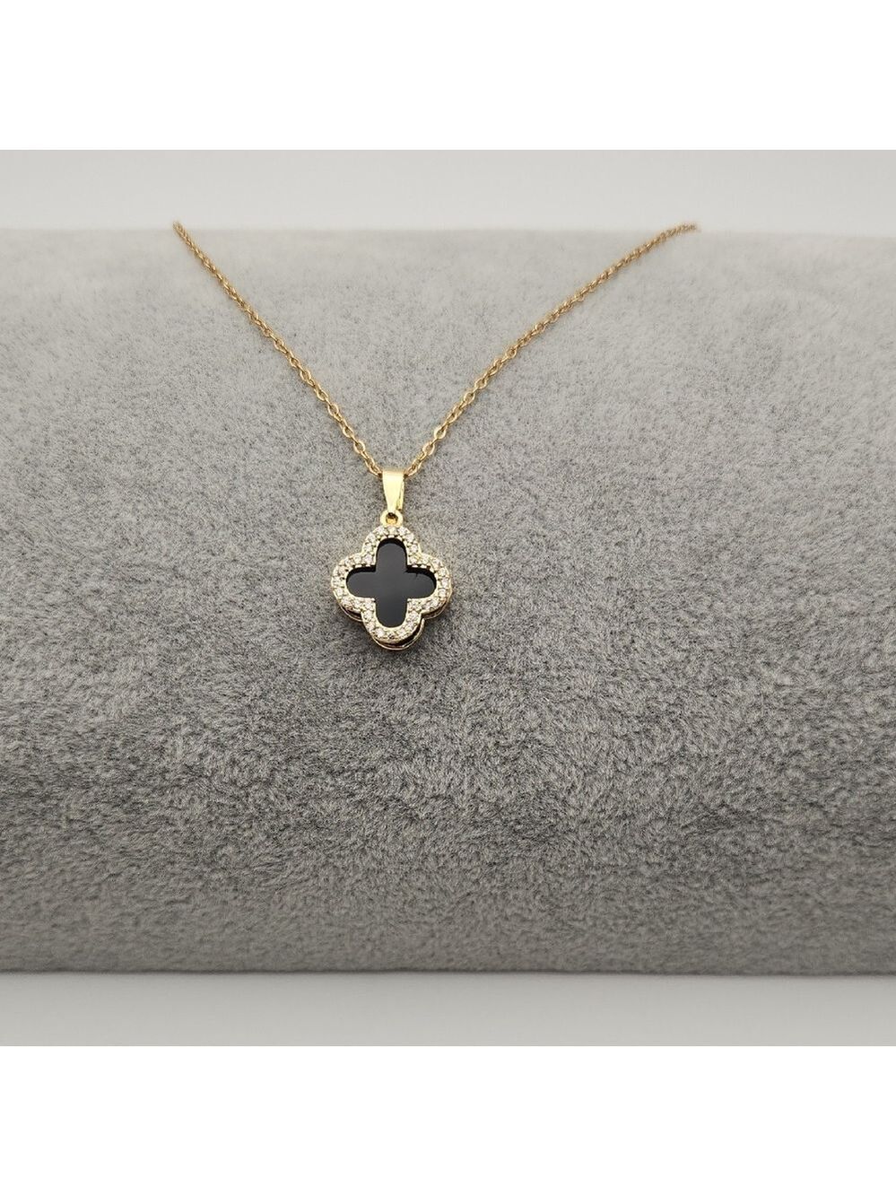 Black Clover Pendant Necklace – 18K Gold Plated Stainless Steel, Zircon Details